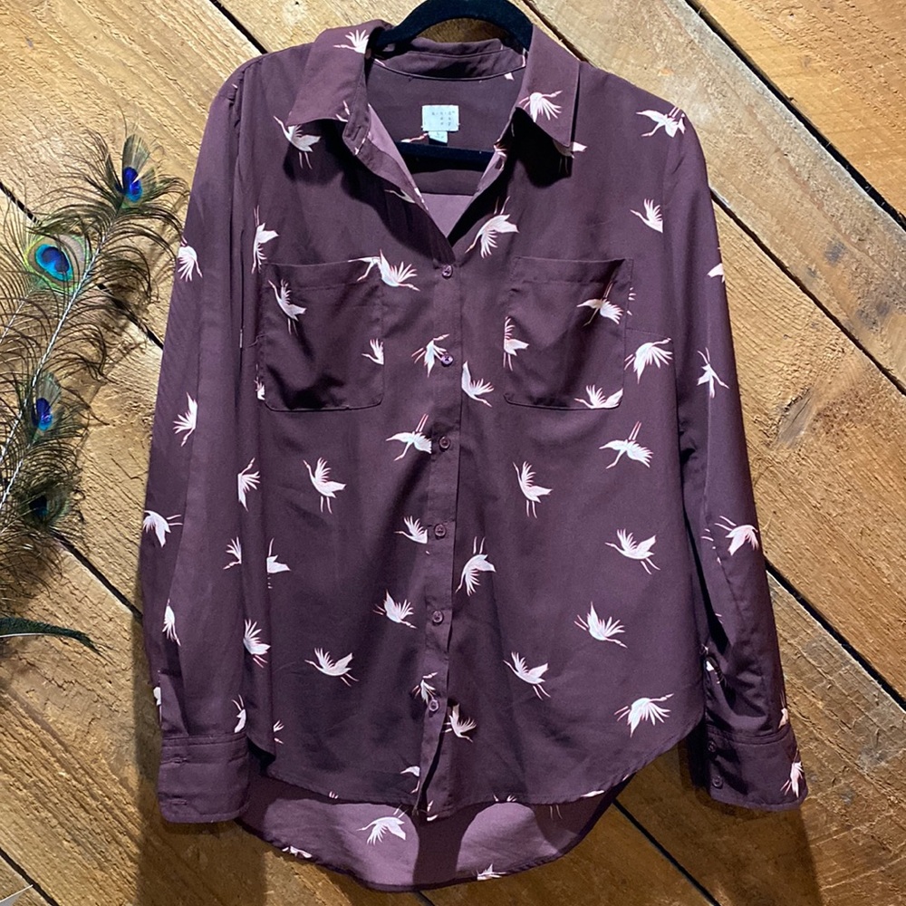 Burgundy button down shirt with cranes.